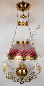 Rare Miller Hanging Lamp w/ Raspberry vine frame and Rubina Swirl Shade