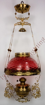 Extremely Rare Ansonia Hanging Lamp w/ Cranberry Diamond Quilt Shade