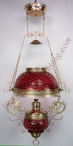 Extremely Rare Ansonia Hanging Lamp With Matching Cranberry Hobnail Shade & Font