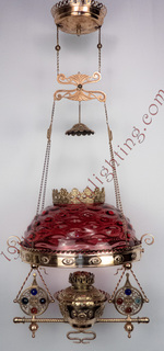 Extremely Rare Meriden Hanging Lamp with Jeweled Harp and Font